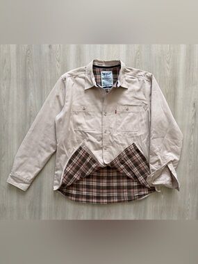 Vintage Levis Shirt Beige Khaki Twill Flannel Lined Button Up Shacket Sz L ****
